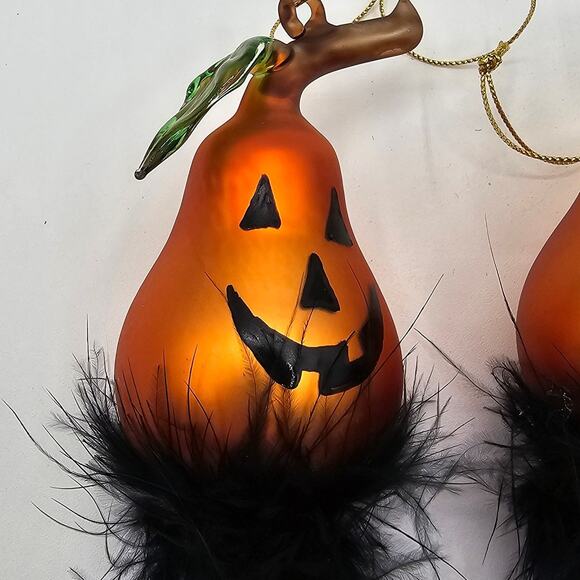 Rare Halloween Jack-o'-Lantern Glass Ornaments - Pumpkin Face & Feather Accents - Picture 2 of 5